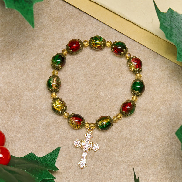 Christmas Glory Red-Green-Gold Glass Bead Bracelet