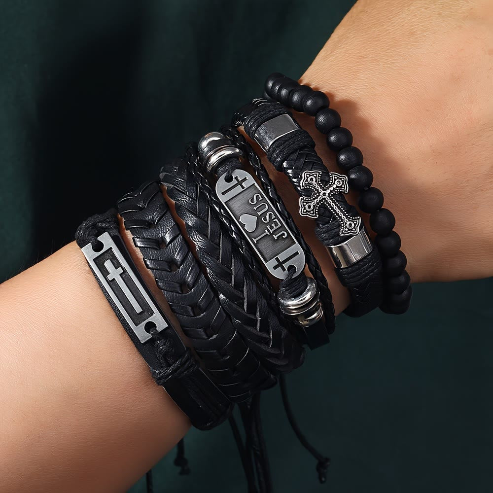 Conjunto de Pulseira Fé de Couro Moderno