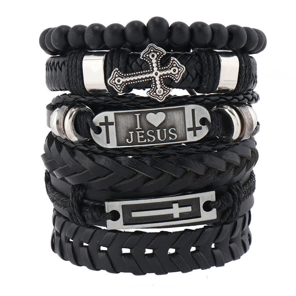 Conjunto de Pulseira Fé de Couro Moderno