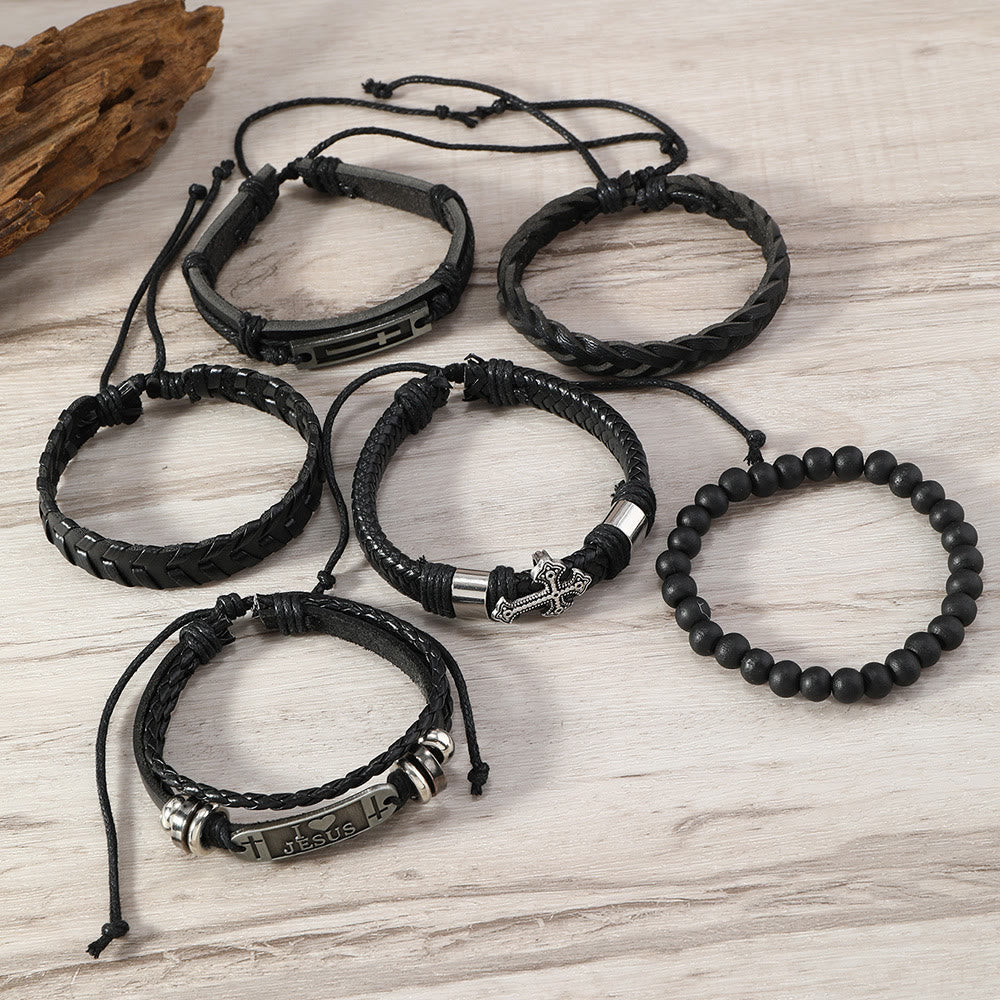 Conjunto de Pulseira Fé de Couro Moderno