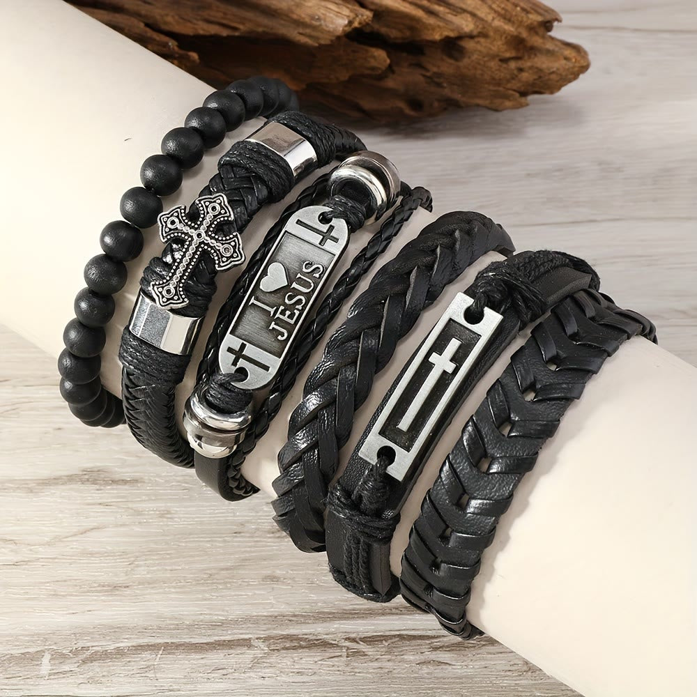 Conjunto de Pulseira Fé de Couro Moderno