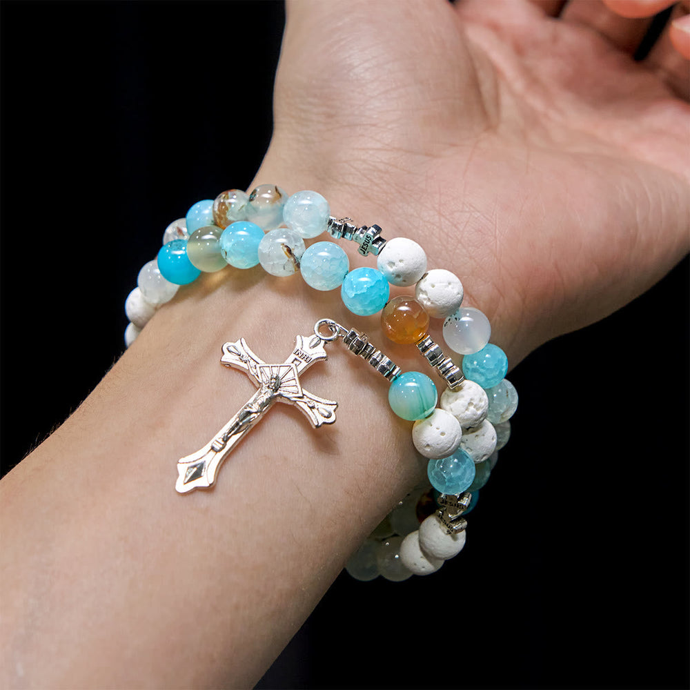Gypsum & Blue Vein Agate Rosary Bracelet
