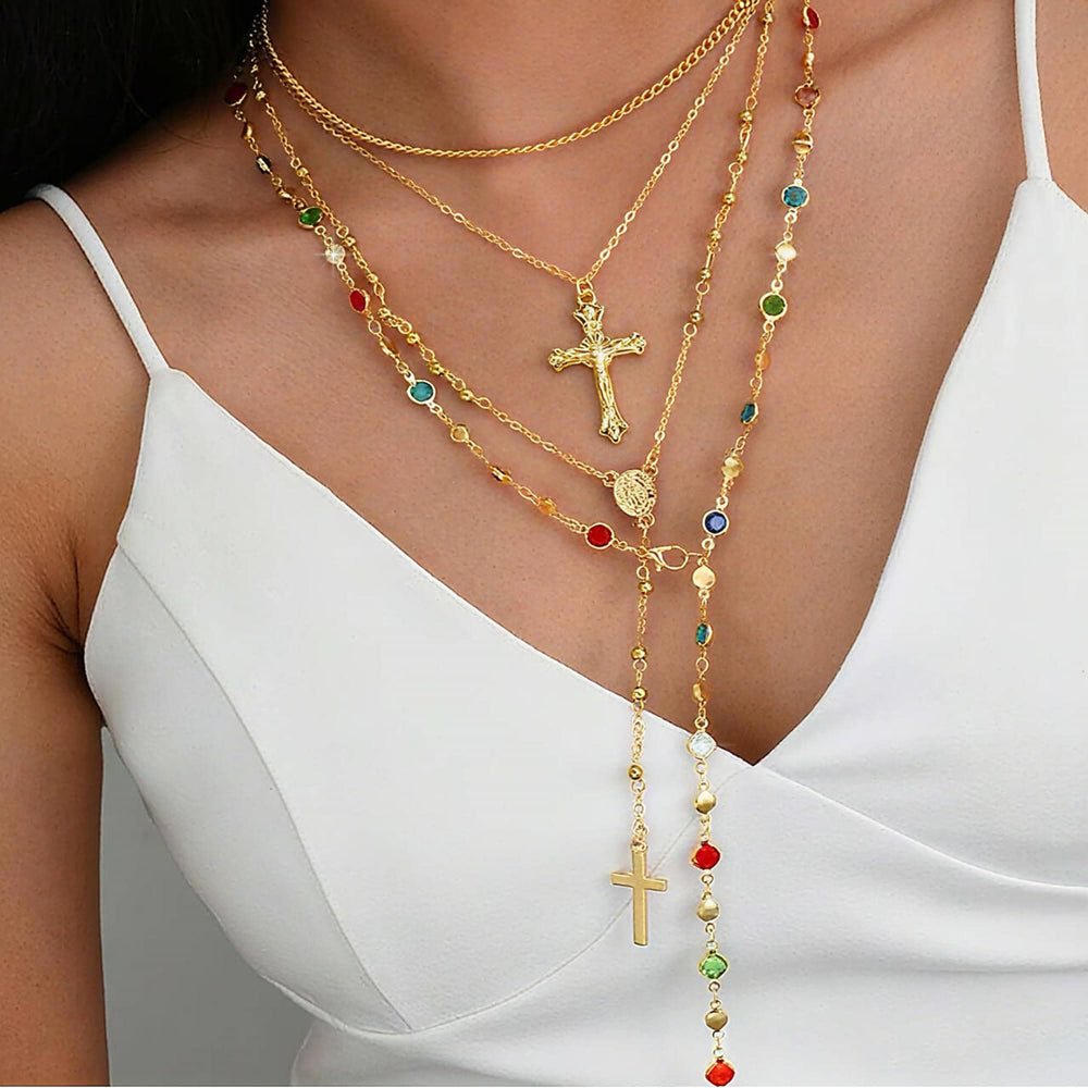 Conjunto de Colar Cruz Moderno Dourado