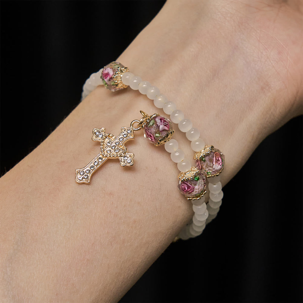 Pulseira Terço Flor de Vidro Moderno