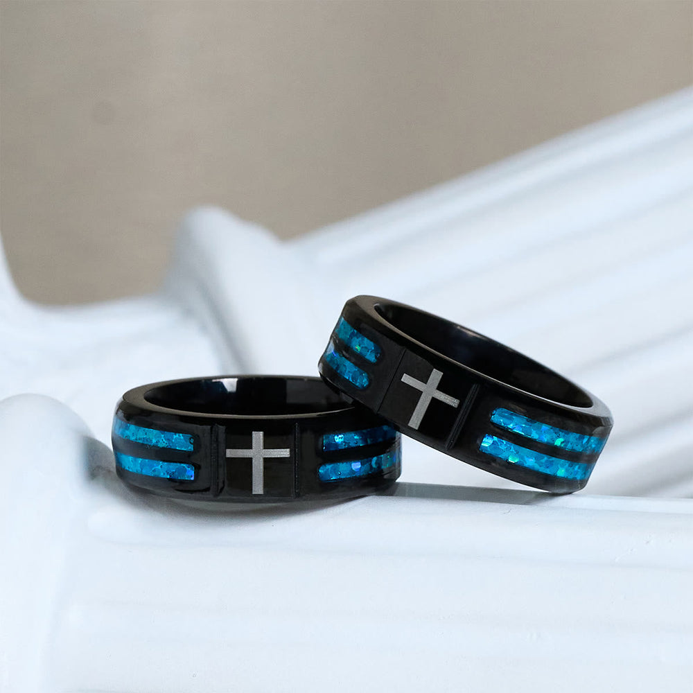 Modern Titanium Steel Cross Ring with Laser Blue Inlay