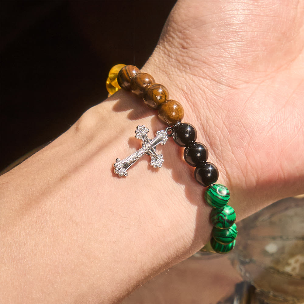 Multi-Natural Stone Faith Bracelet with Assorted Stones & Cross