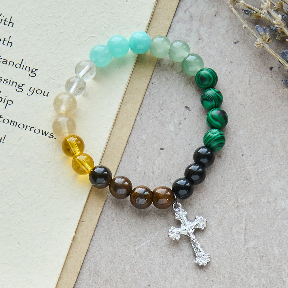 Multi-Natural Stone Faith Bracelet with Assorted Stones & Cross