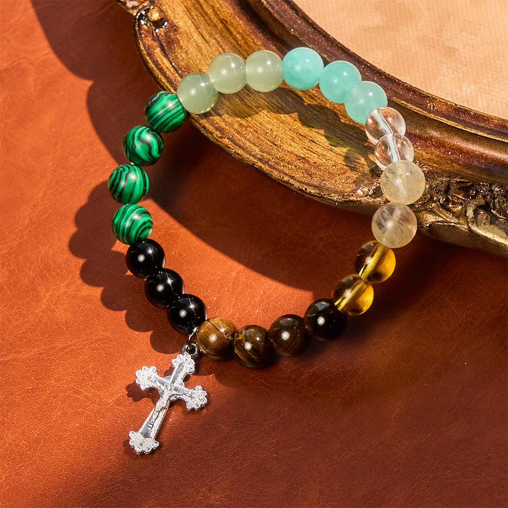 Multi-Natural Stone Faith Bracelet with Assorted Stones & Cross