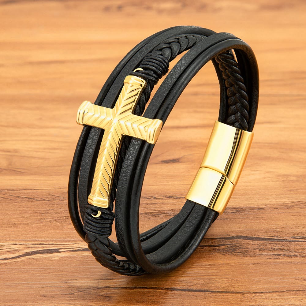 Pulseira Cruz de Couro Moderno Dourado