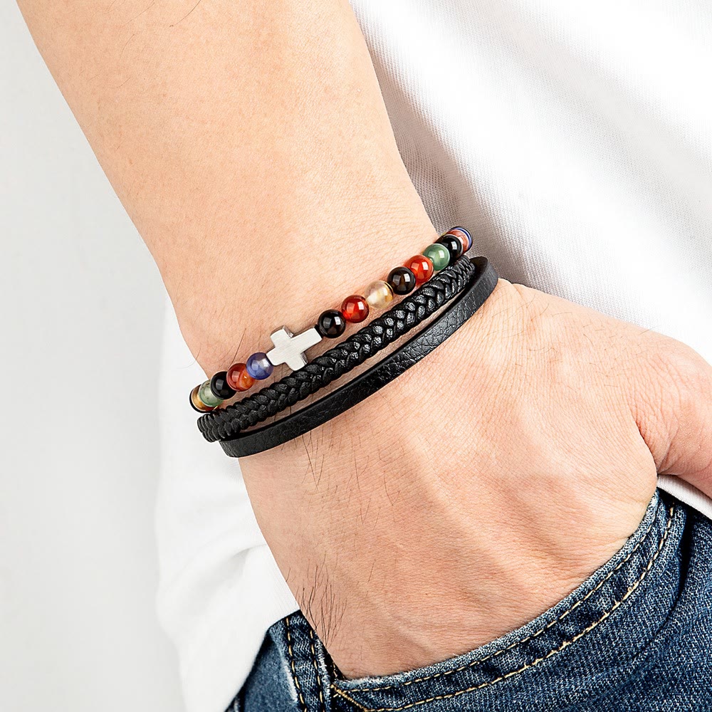 Layered Cross Bracelet with Tiger's Eye Stone Bead