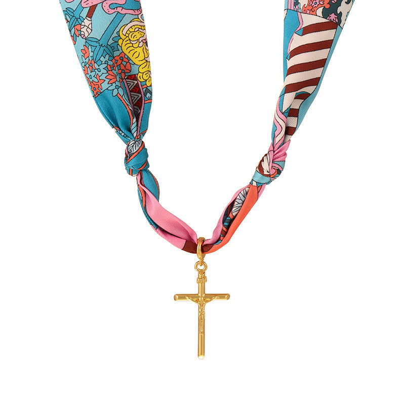 Vibrant Pattern Scarf with Cross Necklace