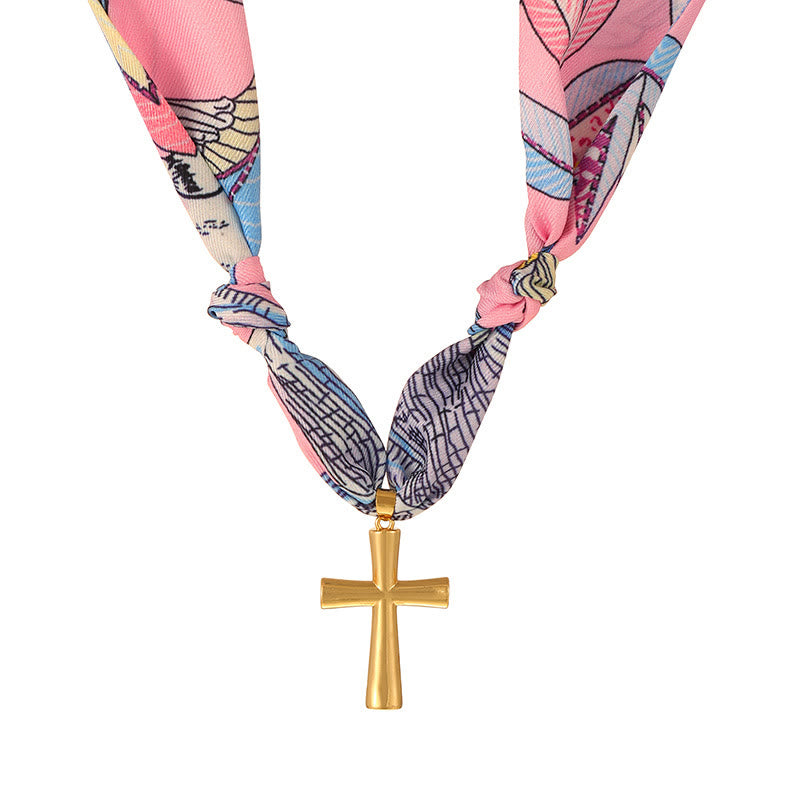 Vibrant Pattern Scarf with Cross Necklace