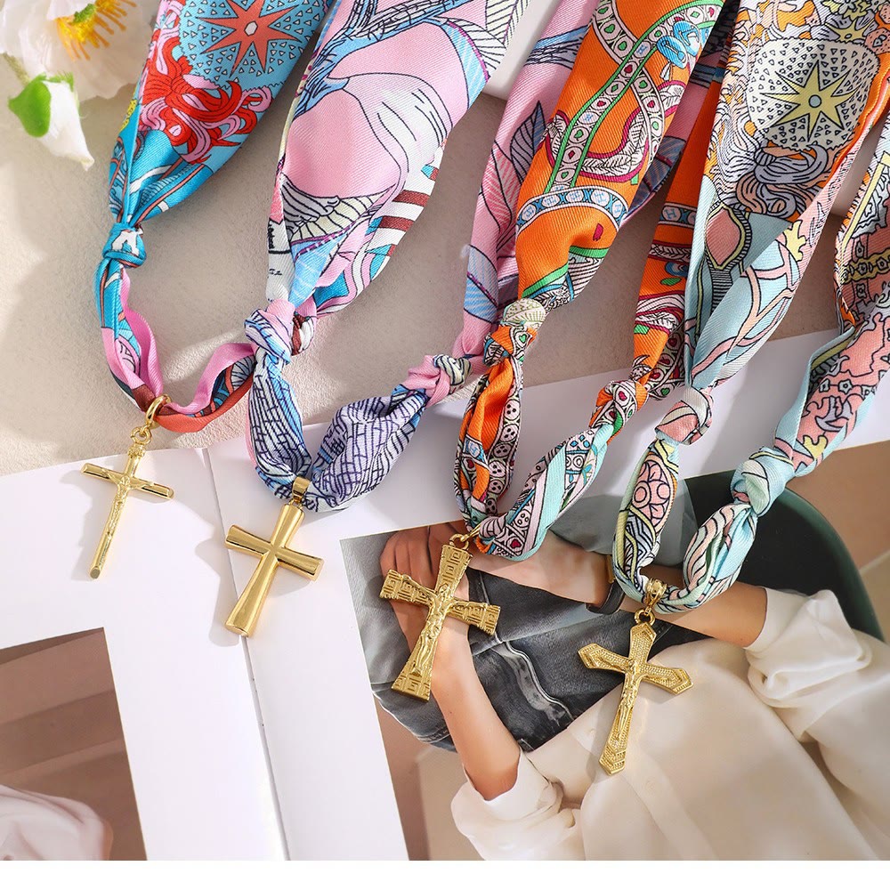 Vibrant Pattern Scarf with Cross Necklace