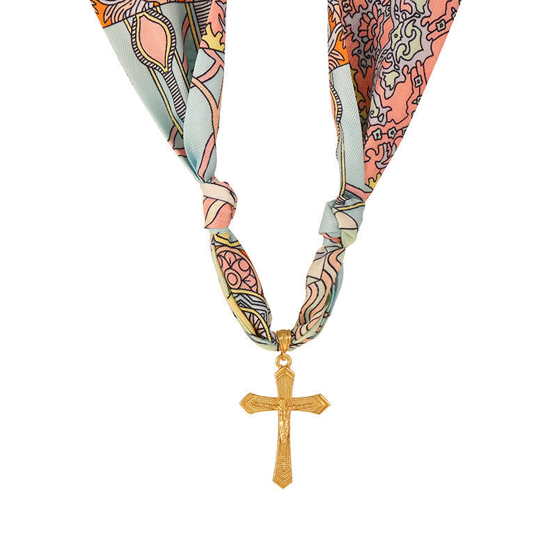 Vibrant Pattern Scarf with Cross Necklace