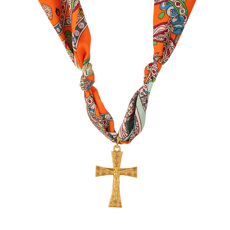 Vibrant Pattern Scarf with Cross Necklace