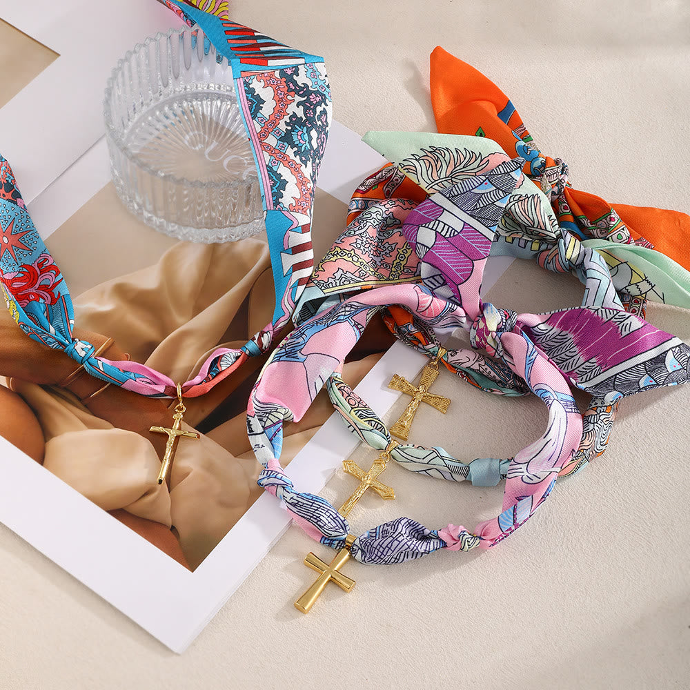 Vibrant Pattern Scarf with Cross Necklace