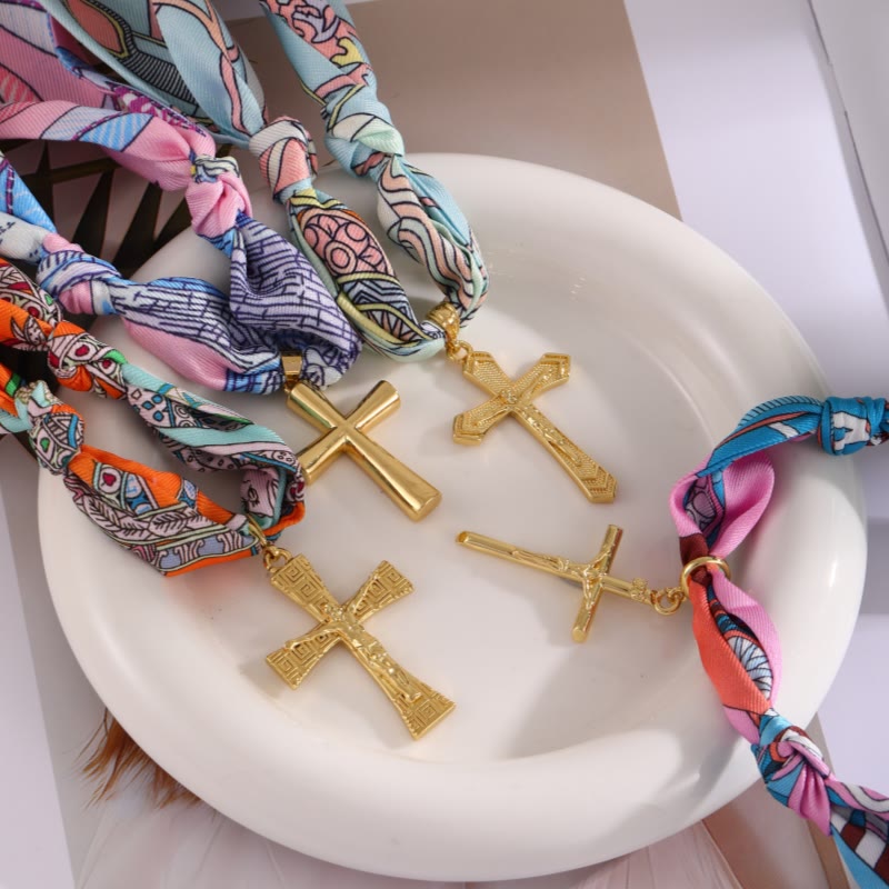 Vibrant Pattern Scarf with Cross Necklace