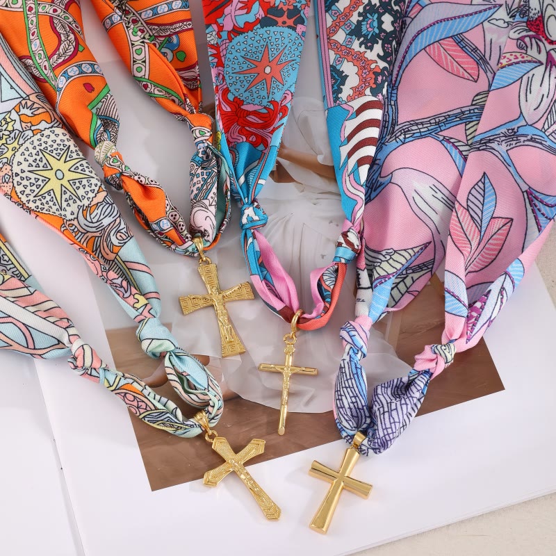 Vibrant Pattern Scarf with Cross Necklace