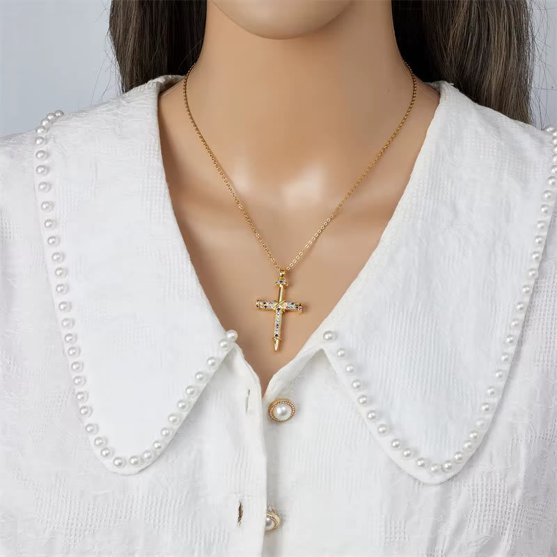 Nail-Inspired Cross Necklace with Cubic Zirconia