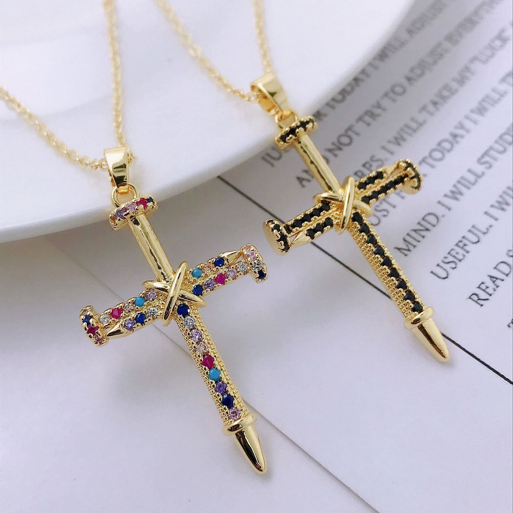 Nail-Inspired Cross Necklace with Cubic Zirconia