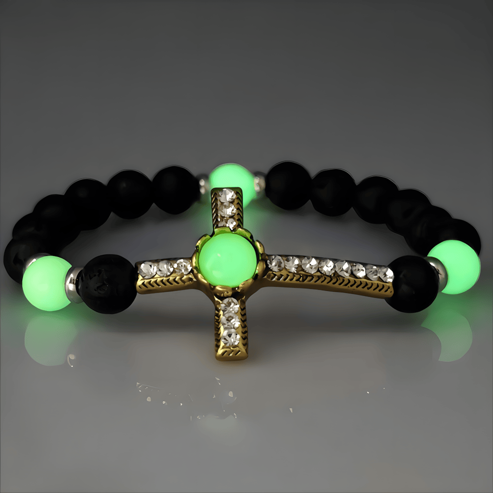 Volcanic Stone Bracelet with Glow-in-the-Dark Cross