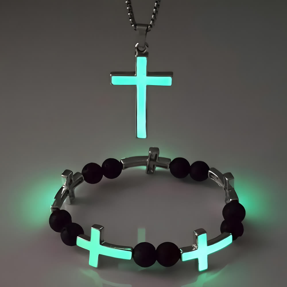 Luminous Cross Necklace & Beaded Bracelet Set