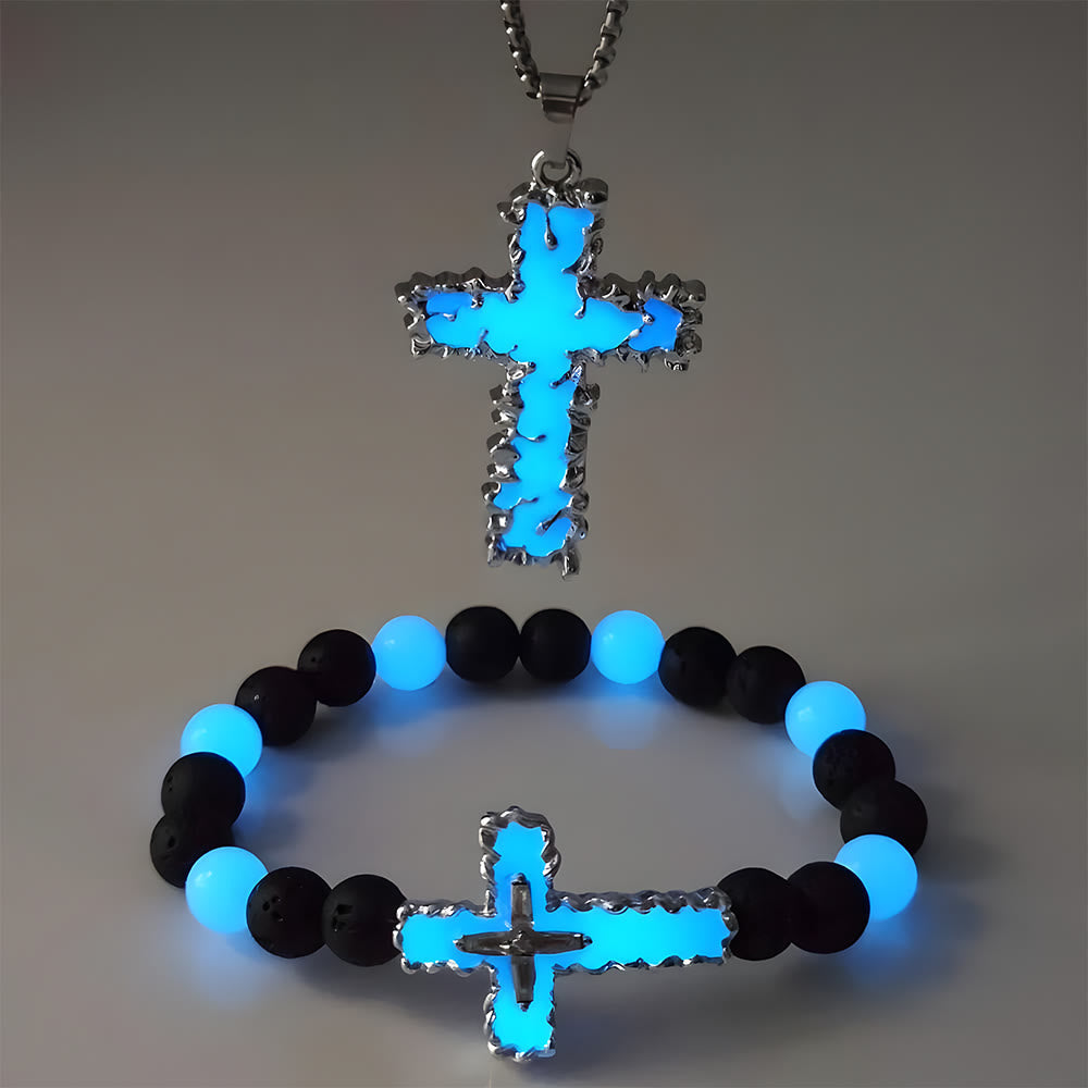 Conjunto de Colar Cruz de Contas Moderno Brilha no Escuro