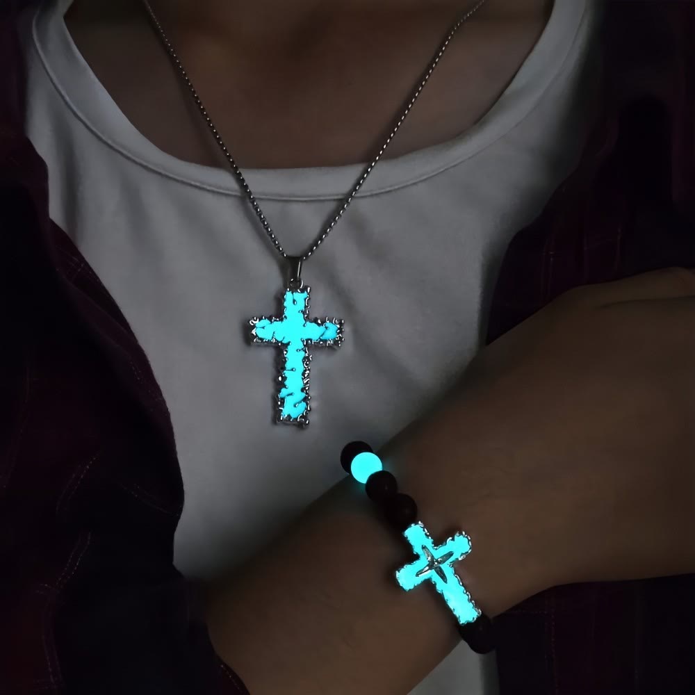 Conjunto de Colar Cruz de Contas Moderno Brilha no Escuro