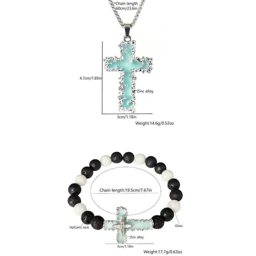 Conjunto de Colar Cruz de Contas Moderno Brilha no Escuro