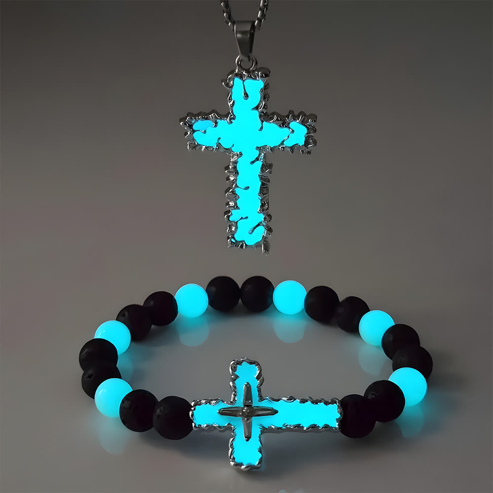 Conjunto de Colar Cruz de Contas Moderno Brilha no Escuro