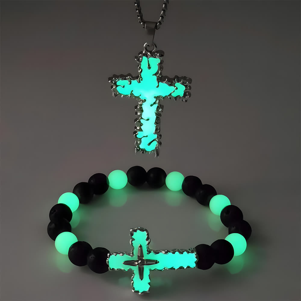 Conjunto de Colar Cruz de Contas Moderno Brilha no Escuro
