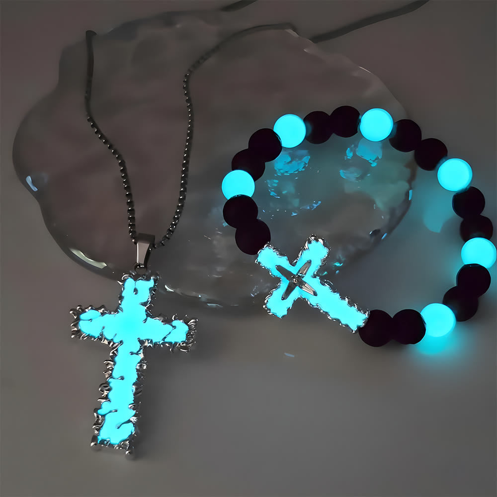 Conjunto de Colar Cruz de Contas Moderno Brilha no Escuro
