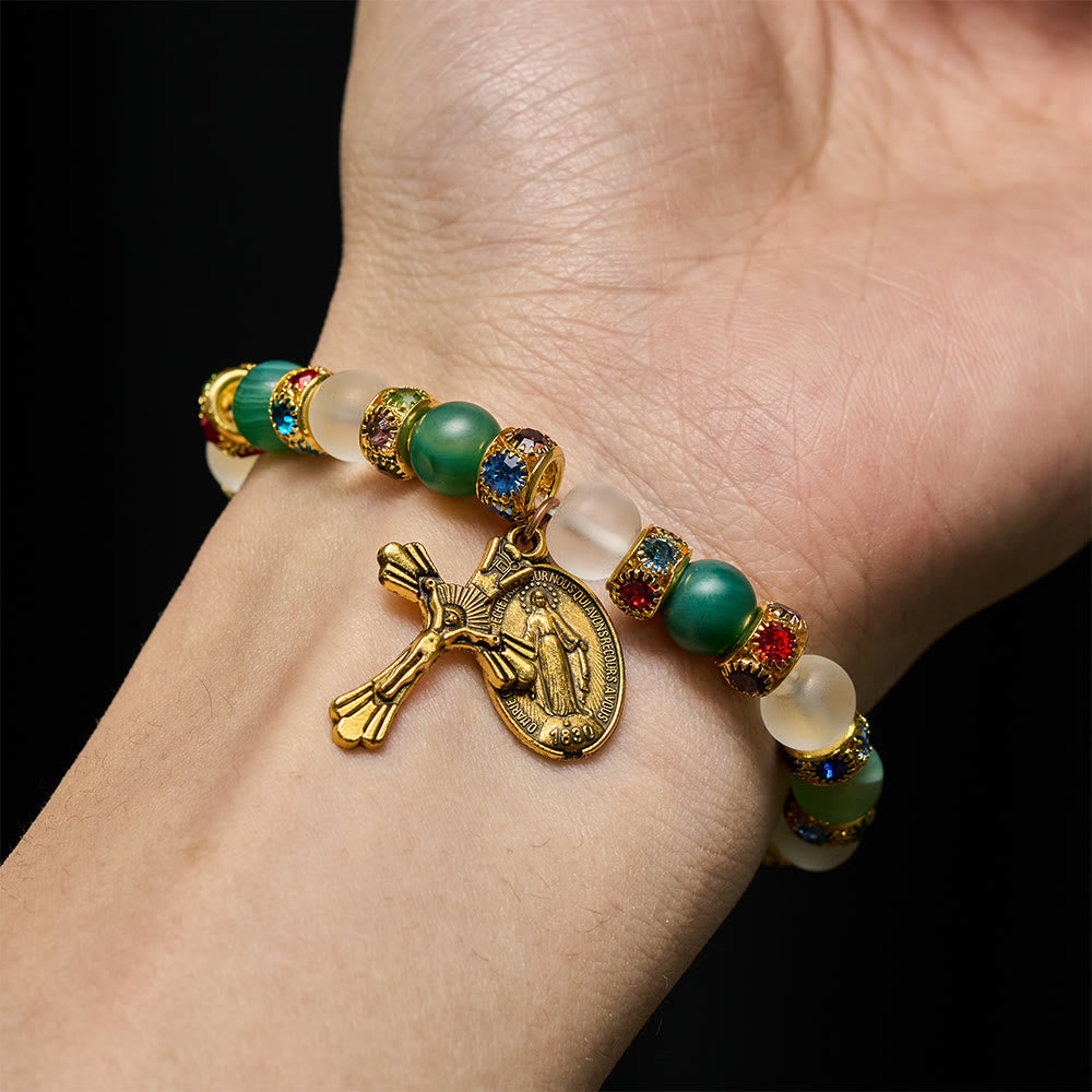 Smooth Frosted Agate Crucifx & Our Lady Bracelet