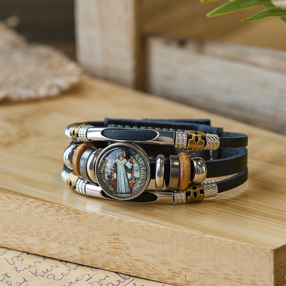 Pulseira São Bento com Bracelete de Couro Moderno
