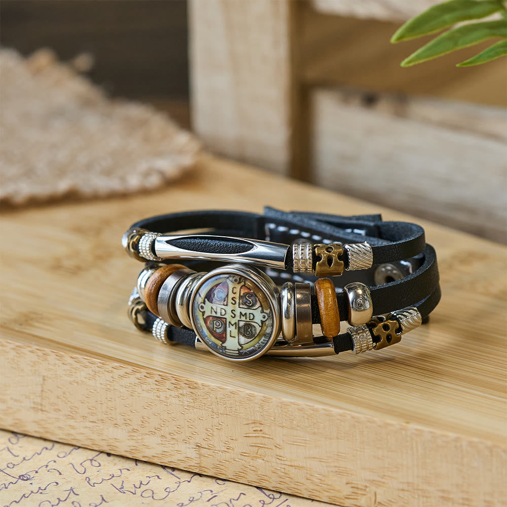 Pulseira São Bento com Bracelete de Couro Moderno