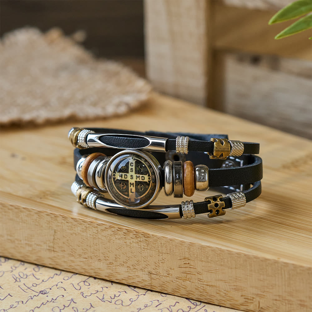 Pulseira São Bento com Bracelete de Couro Moderno