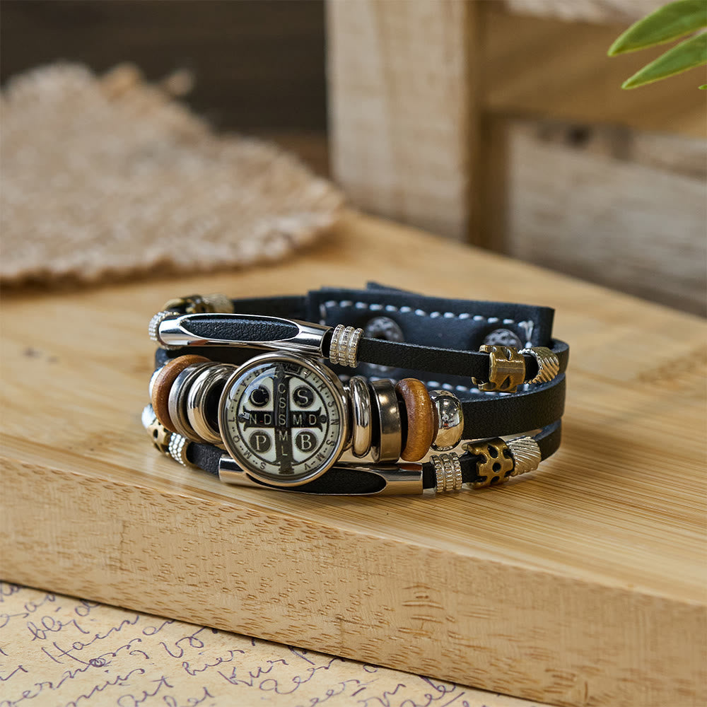 Pulseira São Bento com Bracelete de Couro Moderno