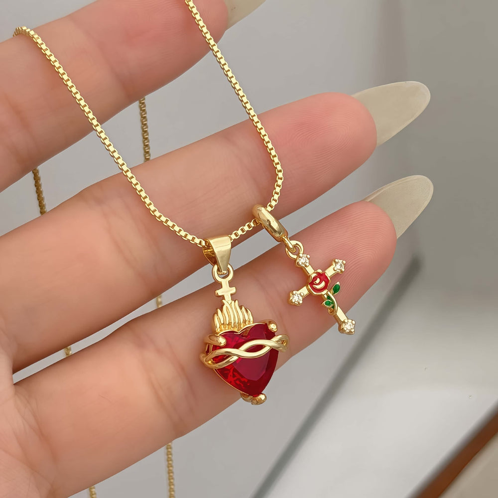 Sacred Heart & Rose Cross Pendant Necklace