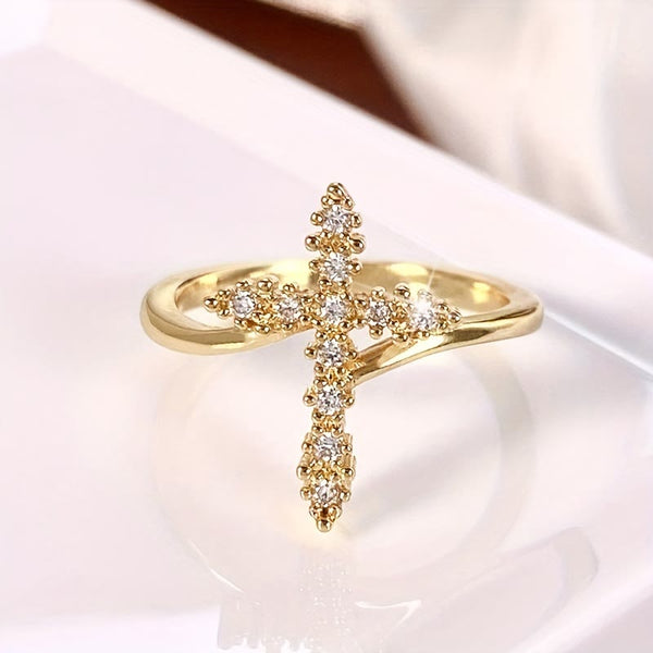 Anel Cruz de Zircônia Moderno Dourado