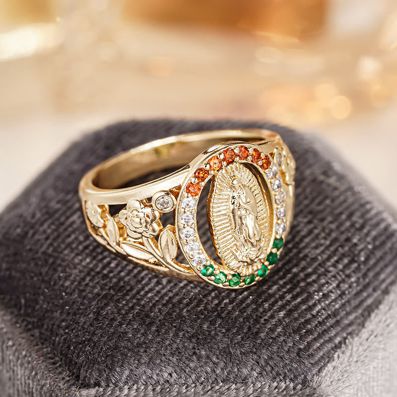 Zircon-Encrusted Our Lady Ring with Floral Design