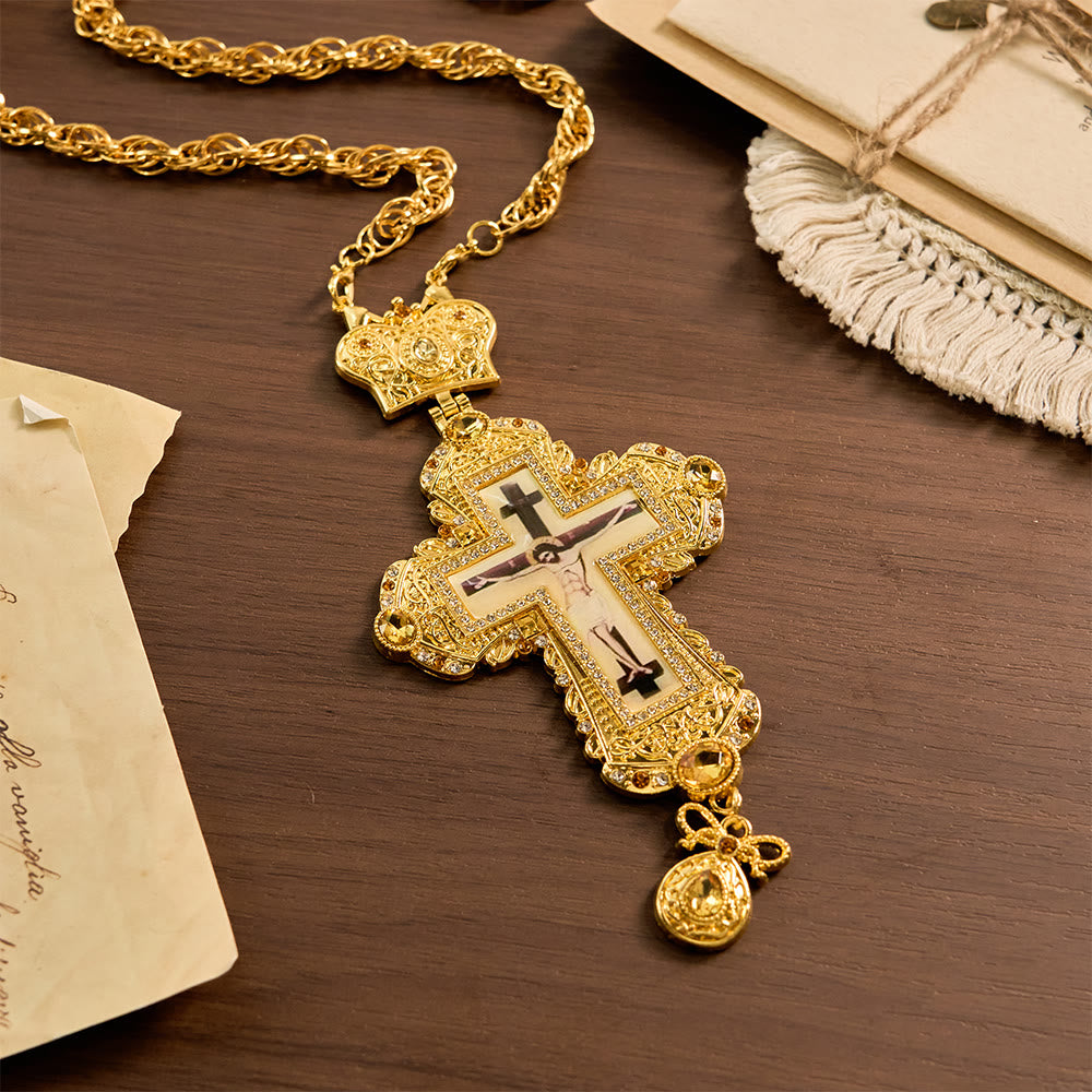 Ornate Large Pectoral Crucifix Necklace with Crown Accent