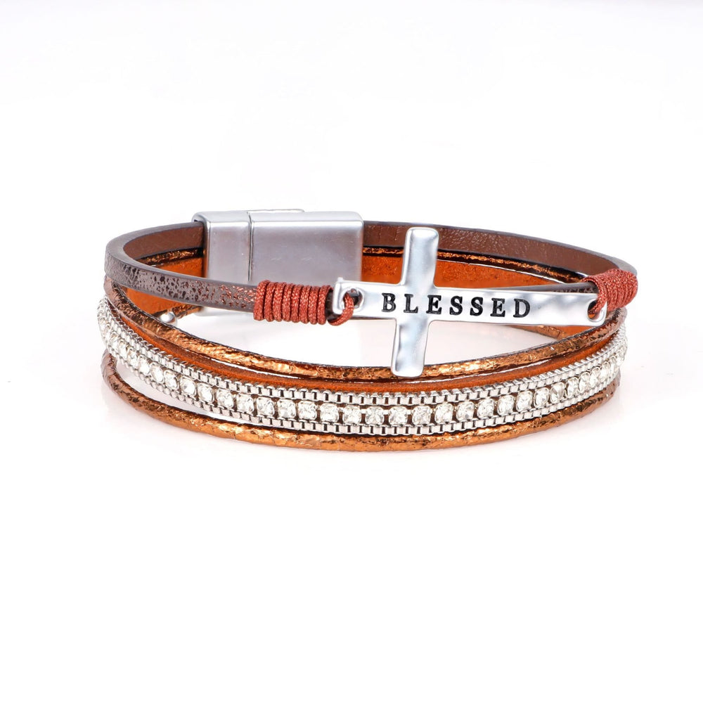 Multi-Layer BLESSED Cross Leather Bracelet with Zircon