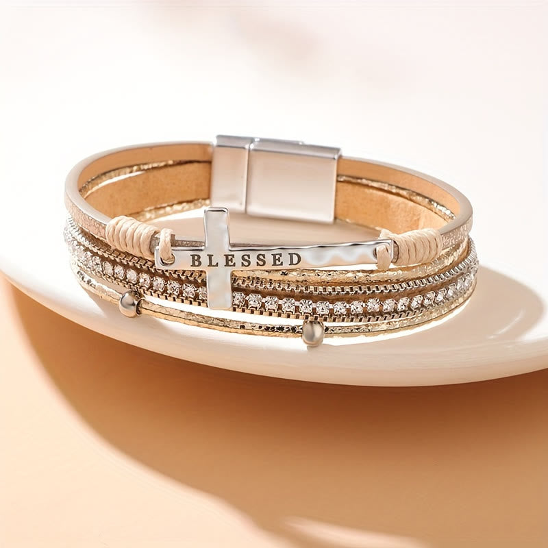 Multi-Layer BLESSED Cross Leather Bracelet with Zircon