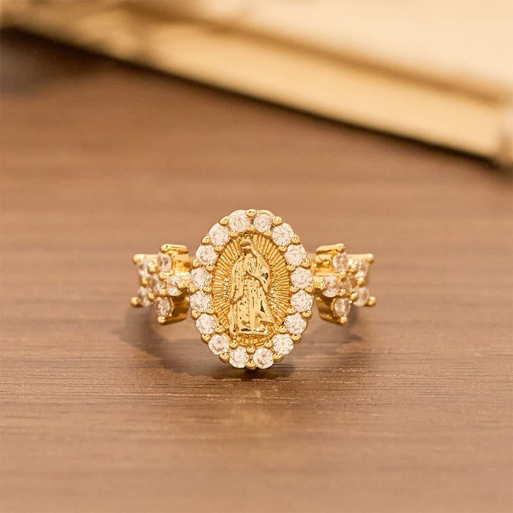 Anel Nossa Senhora Flor de Zircônia Moderno Dourado