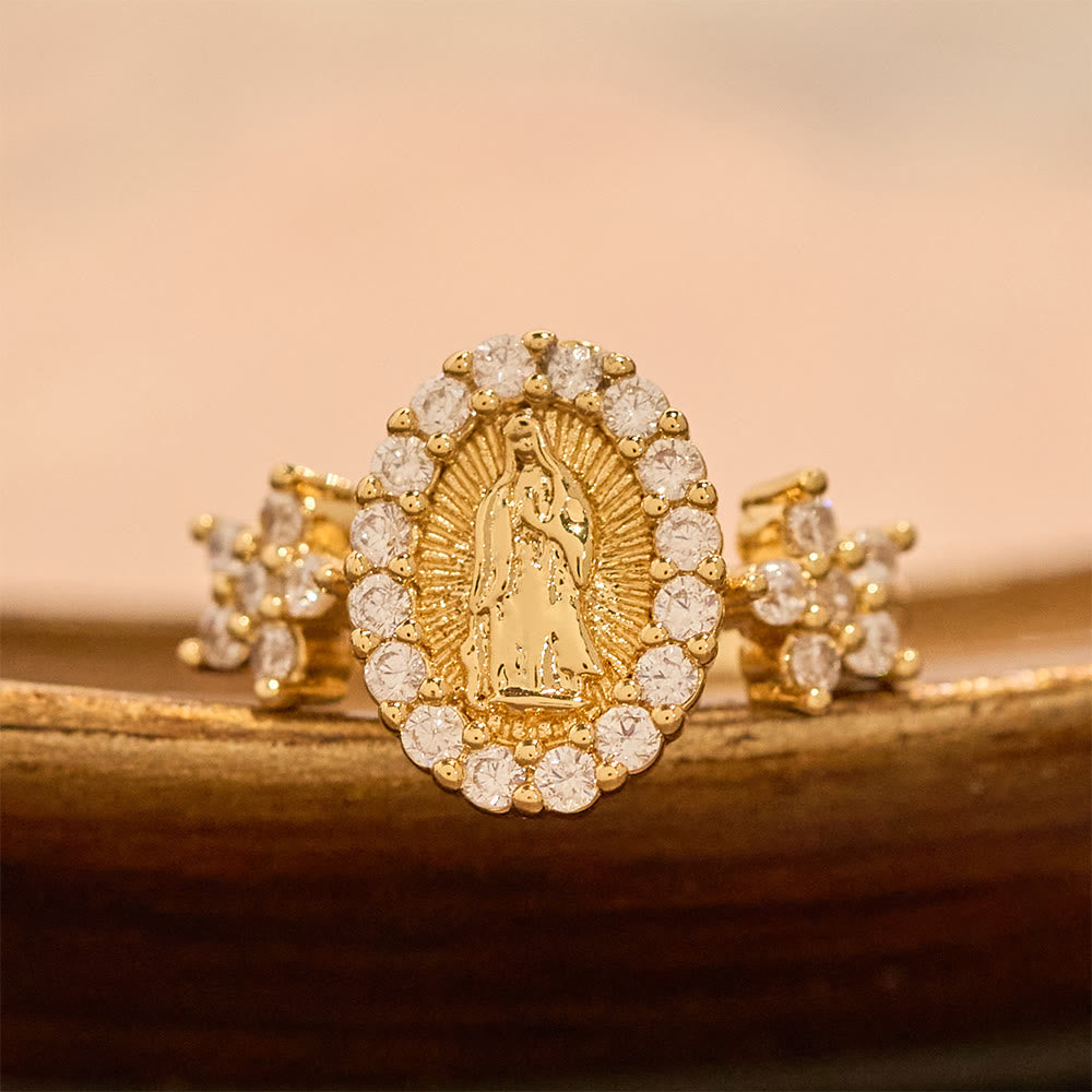 Anel Nossa Senhora Flor de Zircônia Moderno Dourado