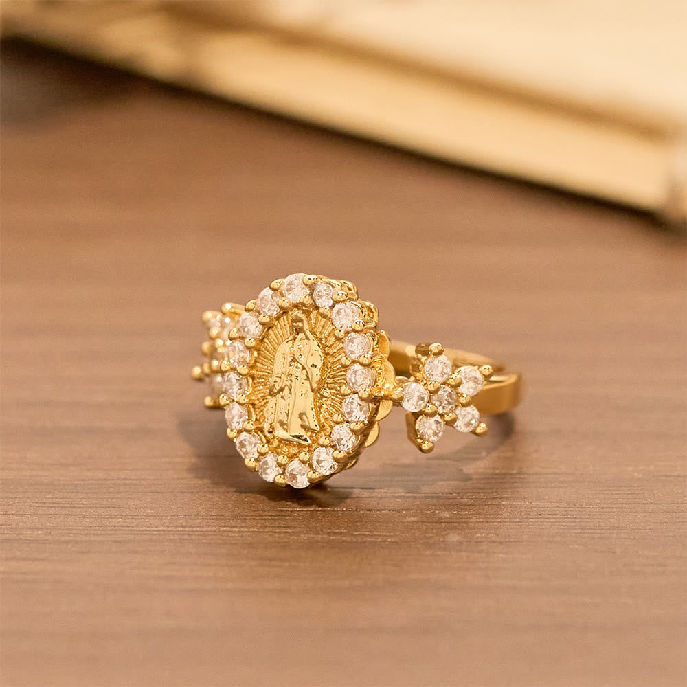 Anel Nossa Senhora Flor de Zircônia Moderno Dourado