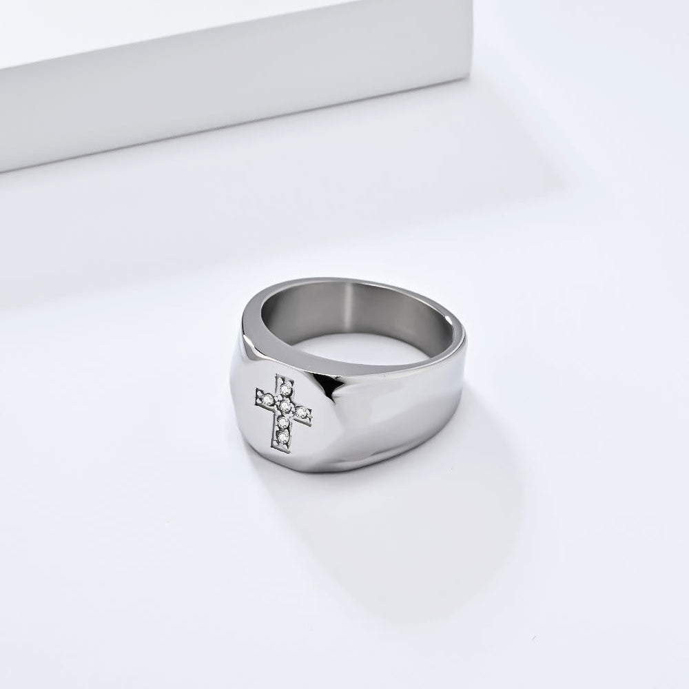 Tri-Finish Thick Band Cross Zircon Ring
