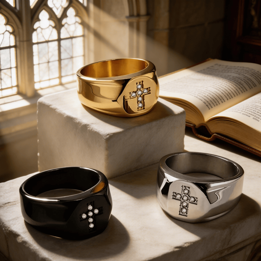 Tri-Finish Thick Band Cross Zircon Ring