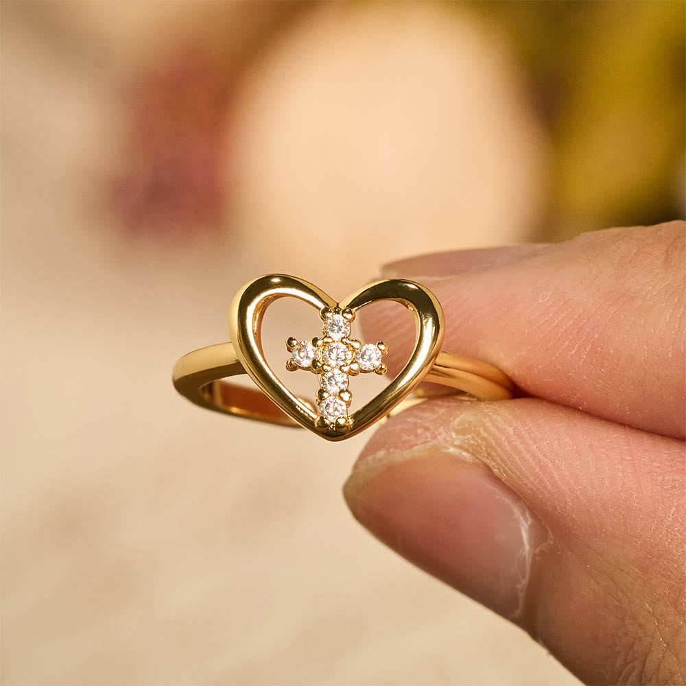 Elegant Heart Cross Open Ring