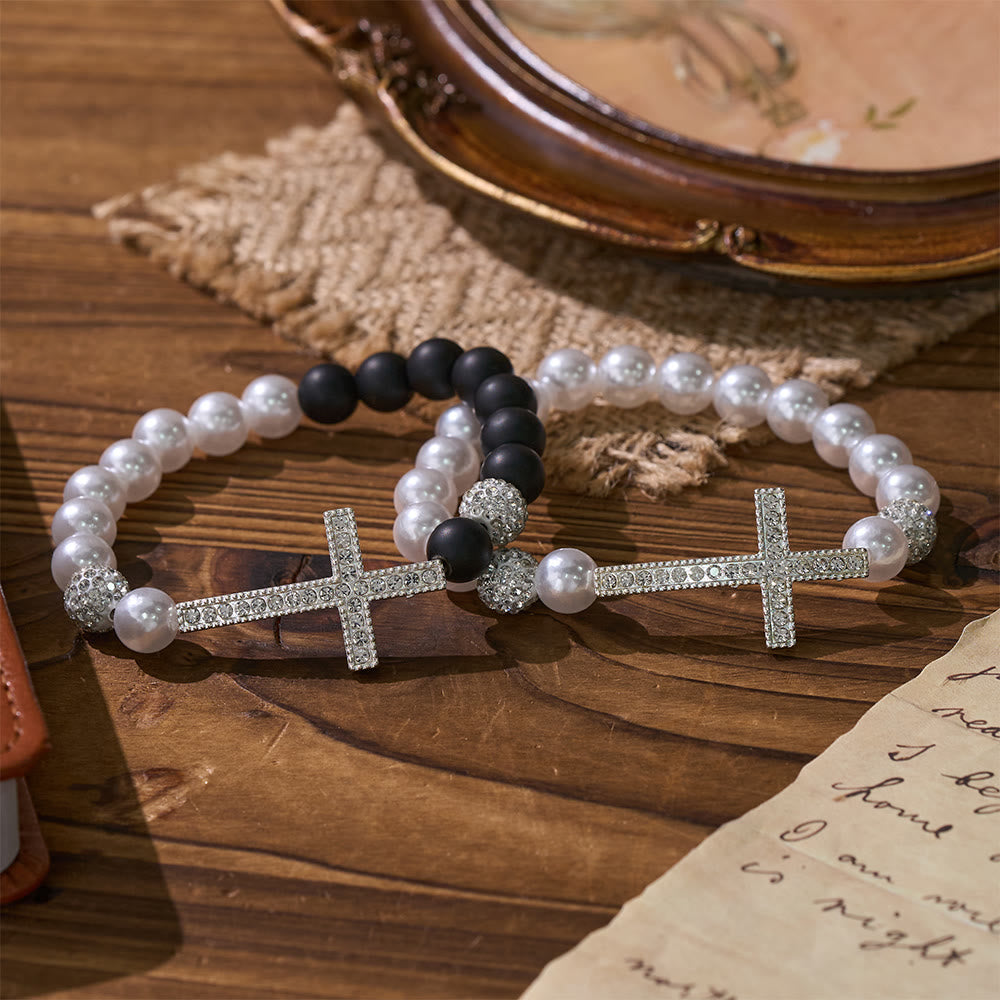 Conjunto de Pulseira Cruz de Contas Moderno Preto